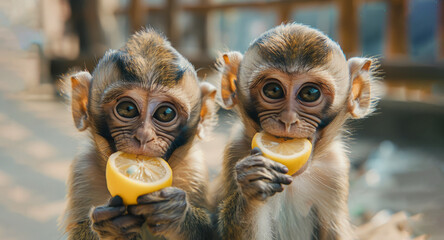 Two baby monkeys eating a lemon. Concept of innocence and curiosity as the young animals explore their surroundings and try new foods. funny animals card - obrazy, fototapety, plakaty