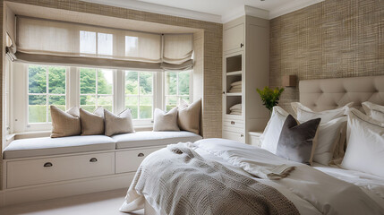 Fototapeta na wymiar Contemporary bedroom with textured wallpaper and concealed drawers under a window seat
