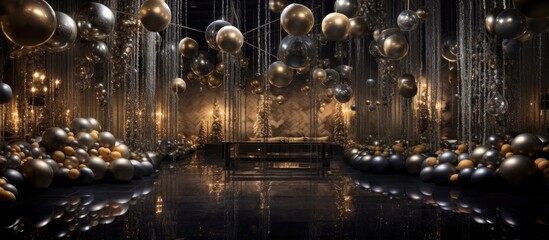 A luxurious black and gold themed party adorned with colorful balloons, shiny metallic streamers, and glimmering decorations