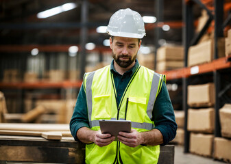 American worker reviews inventory in industrial warehouse. Modern industrial management