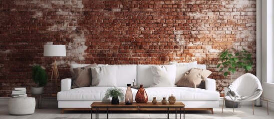 A cozy living room featuring a textured brick wall as a background and elegant white furniture pieces for a modern touch