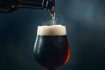 Pouring dark beer into a glass close-up with water drops and foam, blured background with space for text or inscriptions close-up
 - obrazy, fototapety, plakaty