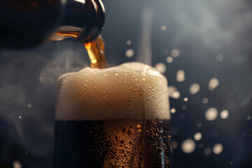 Pouring dark beer into a glass close-up with water drops and foam, blured background with space for text or inscriptions close-up
 - obrazy, fototapety, plakaty