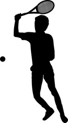 Dynamic vector illustration featuring a black silhouette of a tennis player in action with a tennis racket and sword on a white background, depicting intensity, skill, and competition