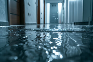 A water leak in an apartment, with water seeping under a door.