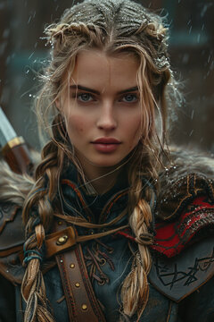 portrait of a beautiful female viking with weapon and viking outfit,generative ai