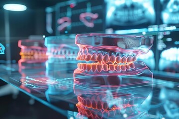 Holographic dental displays showing patient's teeth structure from various angles for analysis and planning - futuristic medical concept art