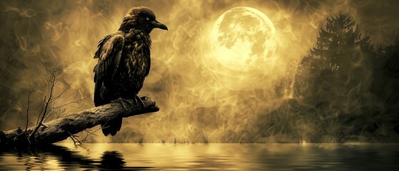  A black bird perched on a tree limb, in front of a full moon reflecting on a tranquil body of water with a tree branch in the foreground - obrazy, fototapety, plakaty