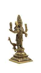 vinatge statue of hindu god of war subramanya, son of lord shiva with his animal, a peacock isolated in a white background