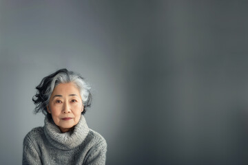 femme retraitée asiatique, origine japonaise, avec les cheveux gris, blancs et noirs, poivre et sel, avec un pull gris à col roulé face objectif, maquillée sur fond gris avec espace négatif copy space - obrazy, fototapety, plakaty
