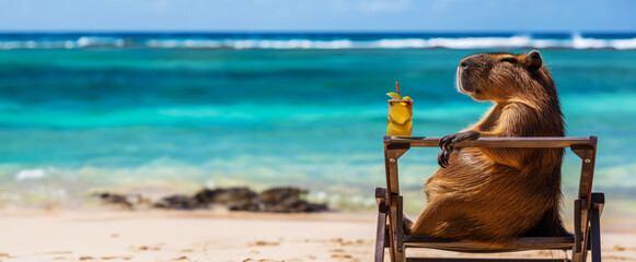 happy capybara sits and relaxes on a lounge chair on a sandy beach on the Caribbean coast drinking a majito, high quality advertising photography, plenty of free space for text