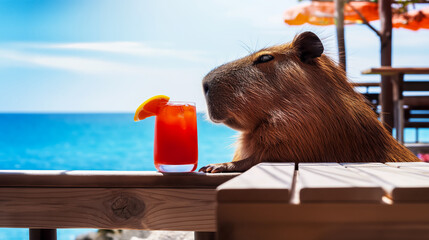 The science of relaxing and enjoying life, a capybara with a cocktail sitting at a table in a cafe and enjoying relaxation