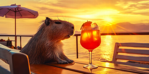portrait of a capybara with an Aperol Spritz cocktail sitting at a table in a cafe on the seashore and enjoying relaxation and a beautiful sunset
