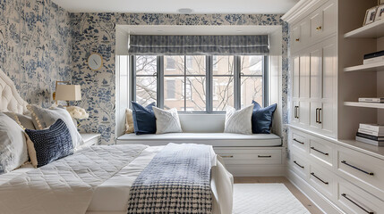 Cozy bedroom with textured wallpaper and concealed drawers under a window seat