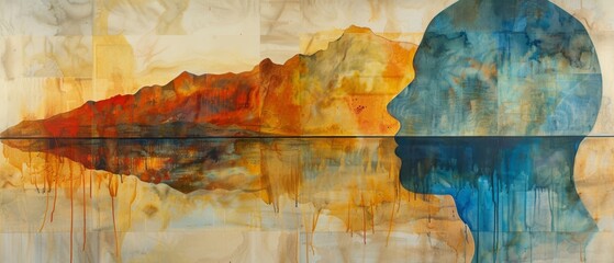  A painting depicts a mountain and a body of water in shades of orange, blue, yellow, and red