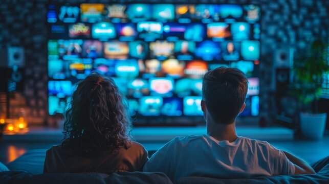 Back view of a relaxed couple sitting on the couch, engrossed in watching a large TV screen filled with colorful streaming options.