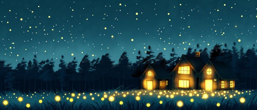  A field in the midst of night, with a house lit up amidst it