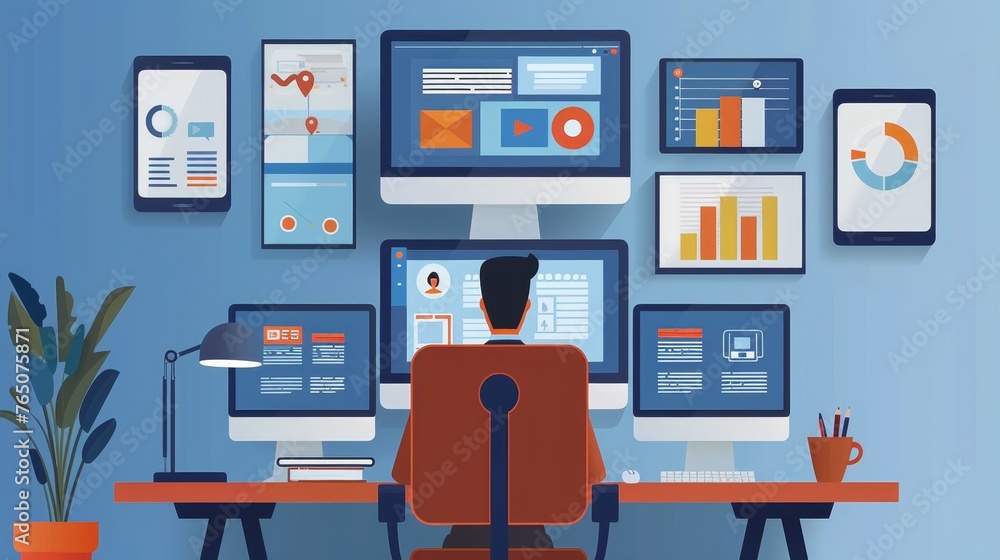 Poster illustration of a data analyst in an office environment surrounded by multiple screens displaying gr