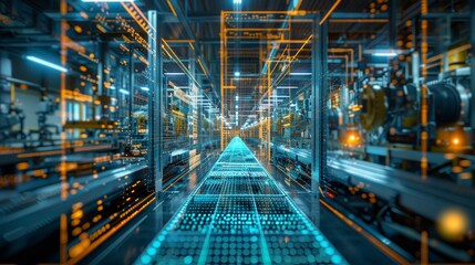 Fototapeta premium Symmetrical view inside a modern, high-tech data center with illuminated server racks in a digital network infrastructure.