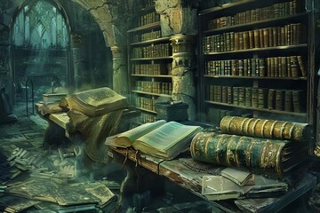 Lost Chronicles Ancient Library Filled with Scrolls and Tomes, Digital Historical Illustration - obrazy, fototapety, plakaty