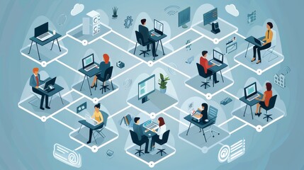 An isometric illustration showing people engaged in work at a digitally connected and modern virtual office environment.