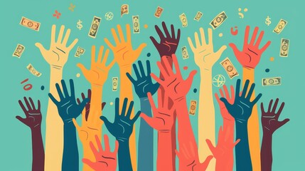 A colorful illustration depicting various hands reaching upwards towards falling money, symbolizing financial aspirations or economic aid.