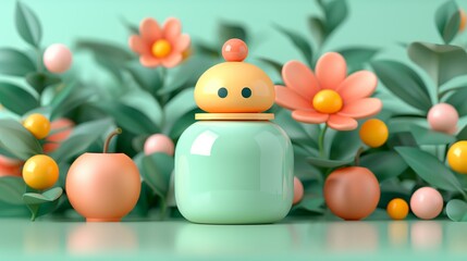 Cute toy bottle character with floral background. 3d illustration of a funny container for children's kitchen