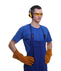 Young man wearing safety equipment on white background