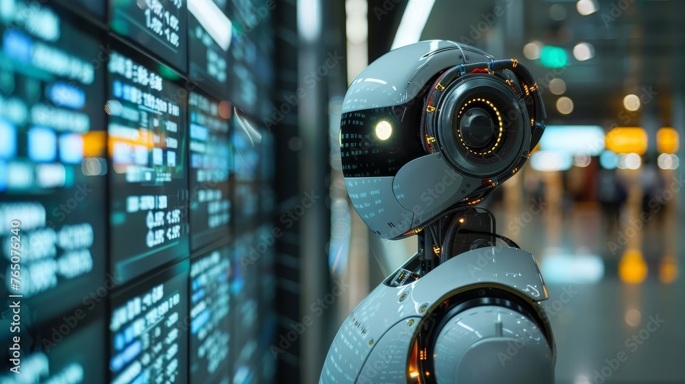 Poster a humanoid robot with advanced sensory equipment is engaged in real-time monitoring of flight inform