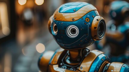 Fototapeta premium Close-up of a modern robot's head with intricate design and advanced optical sensor system, showcasing artificial intelligence and robotics technology.