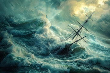 Lost Ship in the Storm Dramatic Maritime Scene with Crashing Waves, Digital Painting - obrazy, fototapety, plakaty