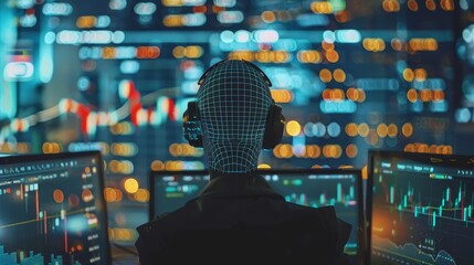 A digital humanoid figure monitors multiple stock market trading screens, symbolizing AI's role in finance.