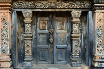 Intricate Ancient wooden door with old decoration. Historical doorway architecture with medieval ornament. Generate ai