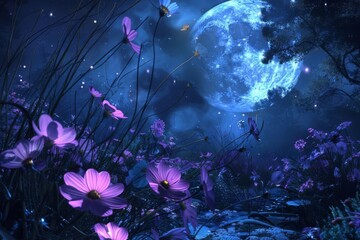 Obraz na płótnie Canvas Lunar Garden Mystical Moonlit Flowers, Digital Art, Night Bloom Theme