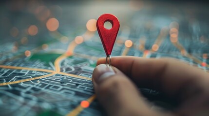 A person's hand is placing a red location pin on a street map, symbolizing route planning and physical navigation. - obrazy, fototapety, plakaty