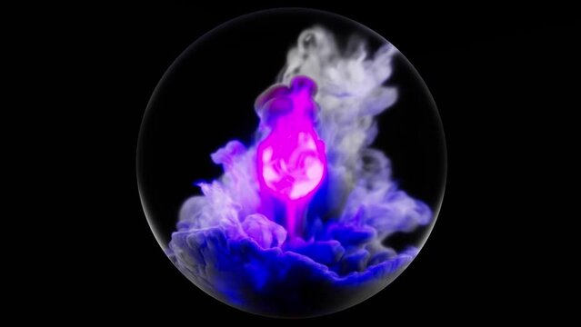 3d render of abstract art video animation with surreal glass ball sphere  with a plasma purple core atomic explosion inside with growing fluid smoke cloud structure on black background