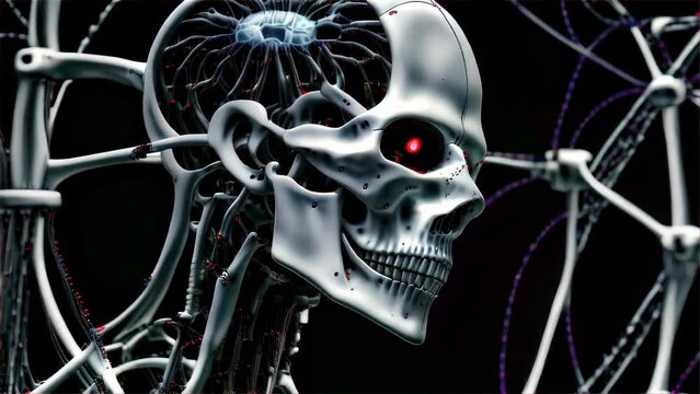 A cybernetic skull with a red eye, showcasing a biomechanical design and a brain-like structure in the background, symbolizing AI and neural computing