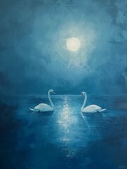 Swans adrift on vibrant blue kissed by speckled sun seen from sky clarity with soft radiance