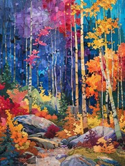 Forest scene collection of trees and bushes vibrant colors