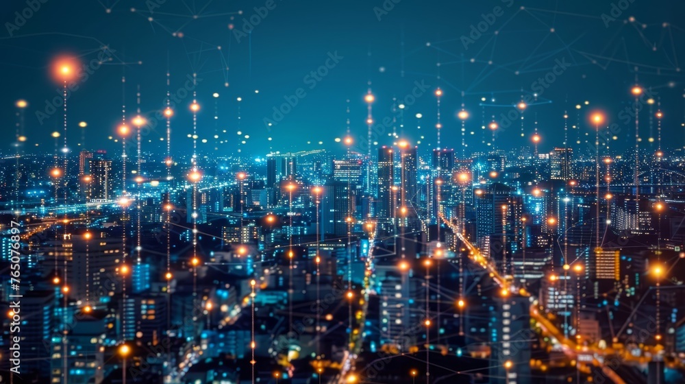 Poster an abstract visualization of a cityscape interconnected with glowing data nodes and lines, symbolizi