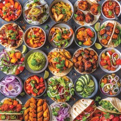 A vibrant display of various vegan meals, showcasing a cornucopia of fresh vegetables, savory spices, and colorful presentations from a top-down perspective