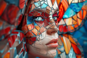 Mosaic Beauty Portrait of a Woman with Creative Mosaic Makeup, Digital Art