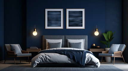 3D rendering of a sophisticated dark blue bedroom, showcasing a sleek poster frame mockup amid rattan furnishings and ambient lighting for a cozy atmosphere.
