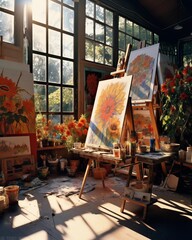 sun-drenched artist's studio, where the chaos of creativity is beautifully organized into a tapestry of colors and textures