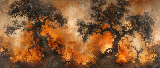  A painting of an orange and black smoke-filled tree on a wall