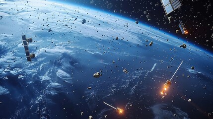 Illustration of multiple satellites in orbit around Earth, surrounded by an expanse of space debris, depicting a crowded low earth orbit. - obrazy, fototapety, plakaty
