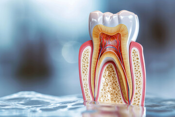 Cross section of a human tooth with gums on a beautiful blurred background with space for text or inscriptions. Wisdom tooth model close up, front view, dental background
