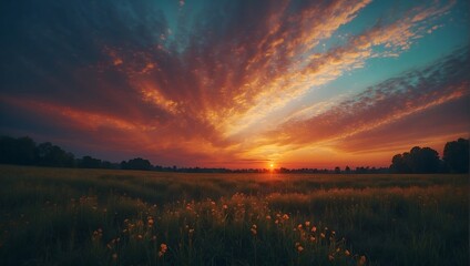 Vibrant fantasy panoramic sunset sky - Gradient rich colors - beautiful summer sunset or sunrise sky. AI generated - obrazy, fototapety, plakaty