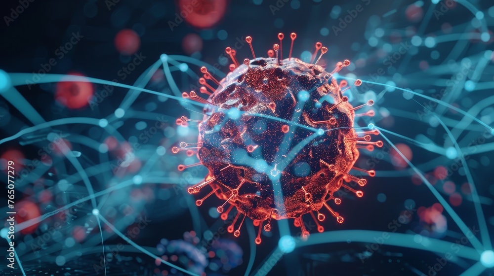 Poster digital concept art of a virus particle interconnected with a network, symbolizing the spread of dis