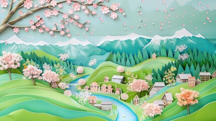 Blossoming Beauty. A Paper Art Spring Village Cherry Blossoms